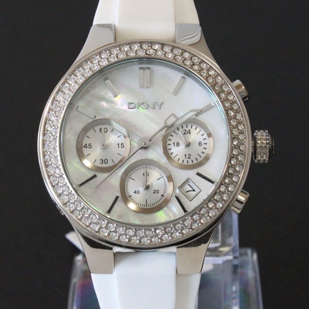 DNKY Women's Chronograph Crystal Bezel Mother Of Pearl Dial Silicone Strap 38mm - Picture 6 of 14